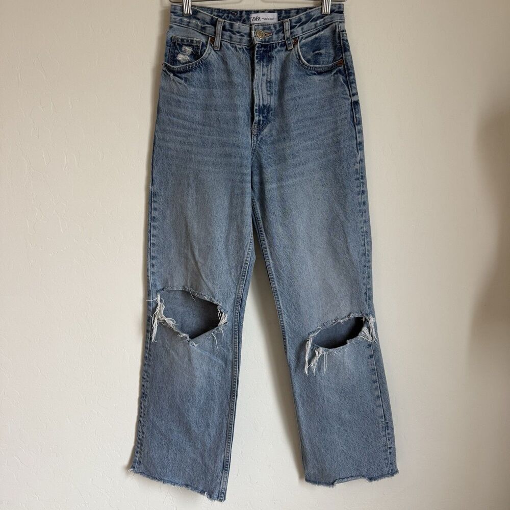 Zara Jeans Womens Sz 6 Blue Med Wash Cotton Wide Leg Baggy Distressed High Rise - Picture 1 of 16